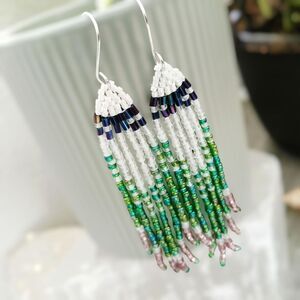 Boho Chic Seed Bead Fringe Tassel Dangle Earrings, Artisan Handmade Jewelry 3.5"